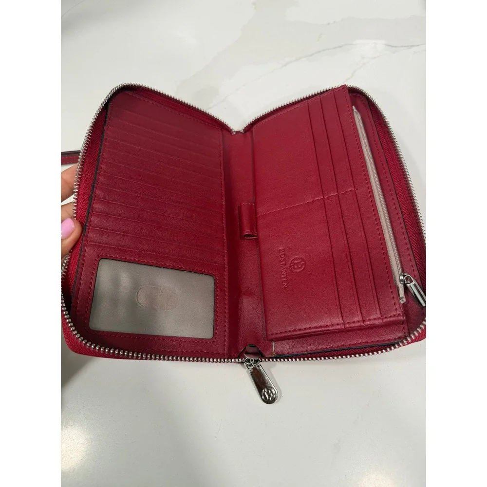 Bostanten Red Pebbled Leather Zip Around Wristlet Wallet Organizer Clutch
